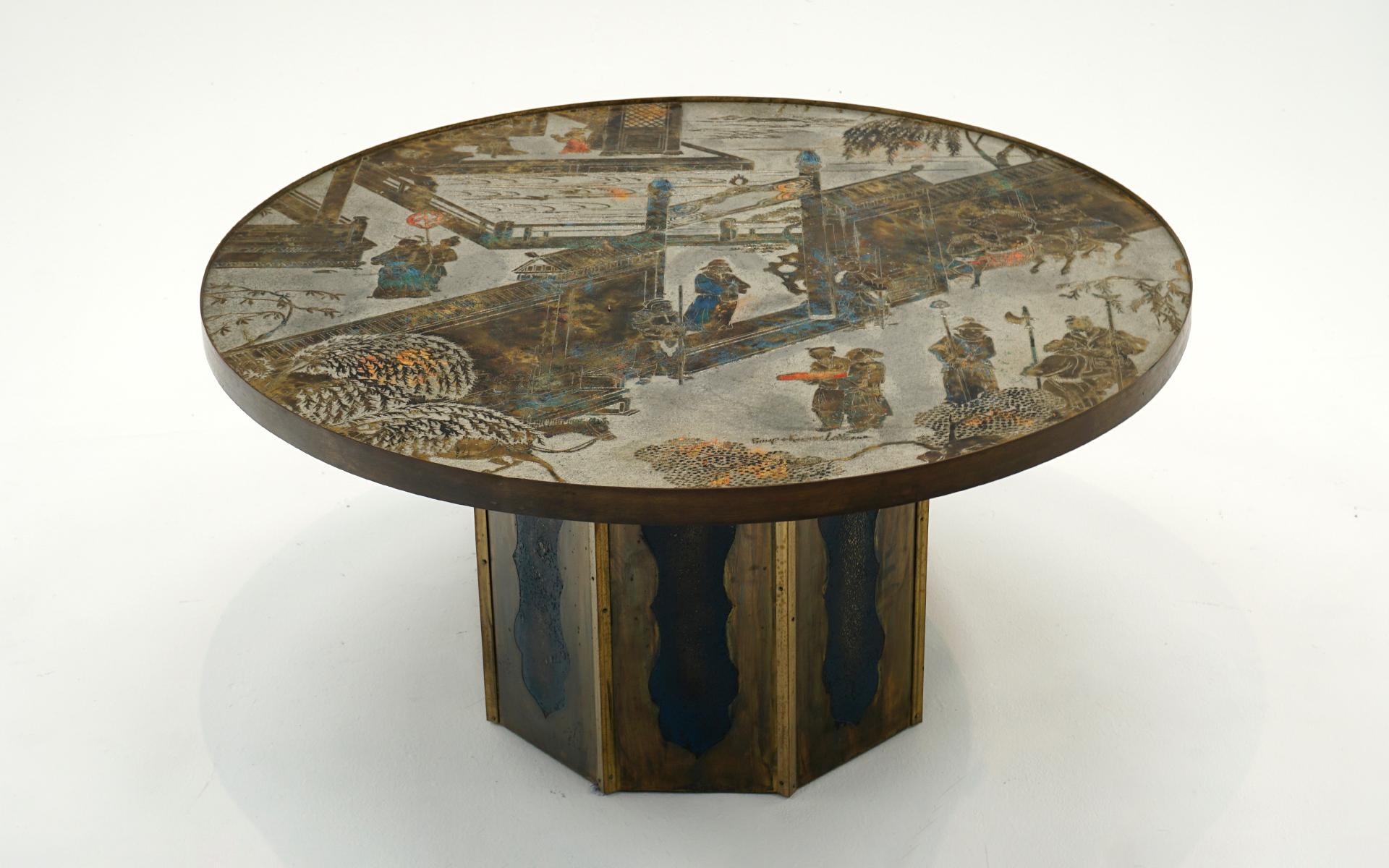 Mid-Century Modern Round Bronze Pewter & Brass Chan Table by Philip & Kelvin LaVerne. 36