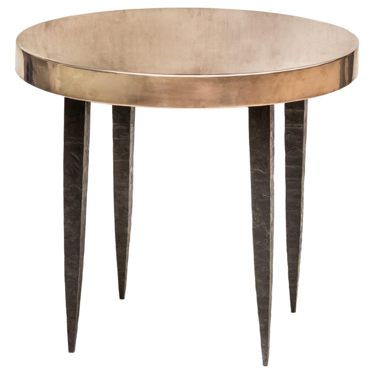 Round Bronze Side Table with Tapered Steel Legs For Sale at 1stDibs