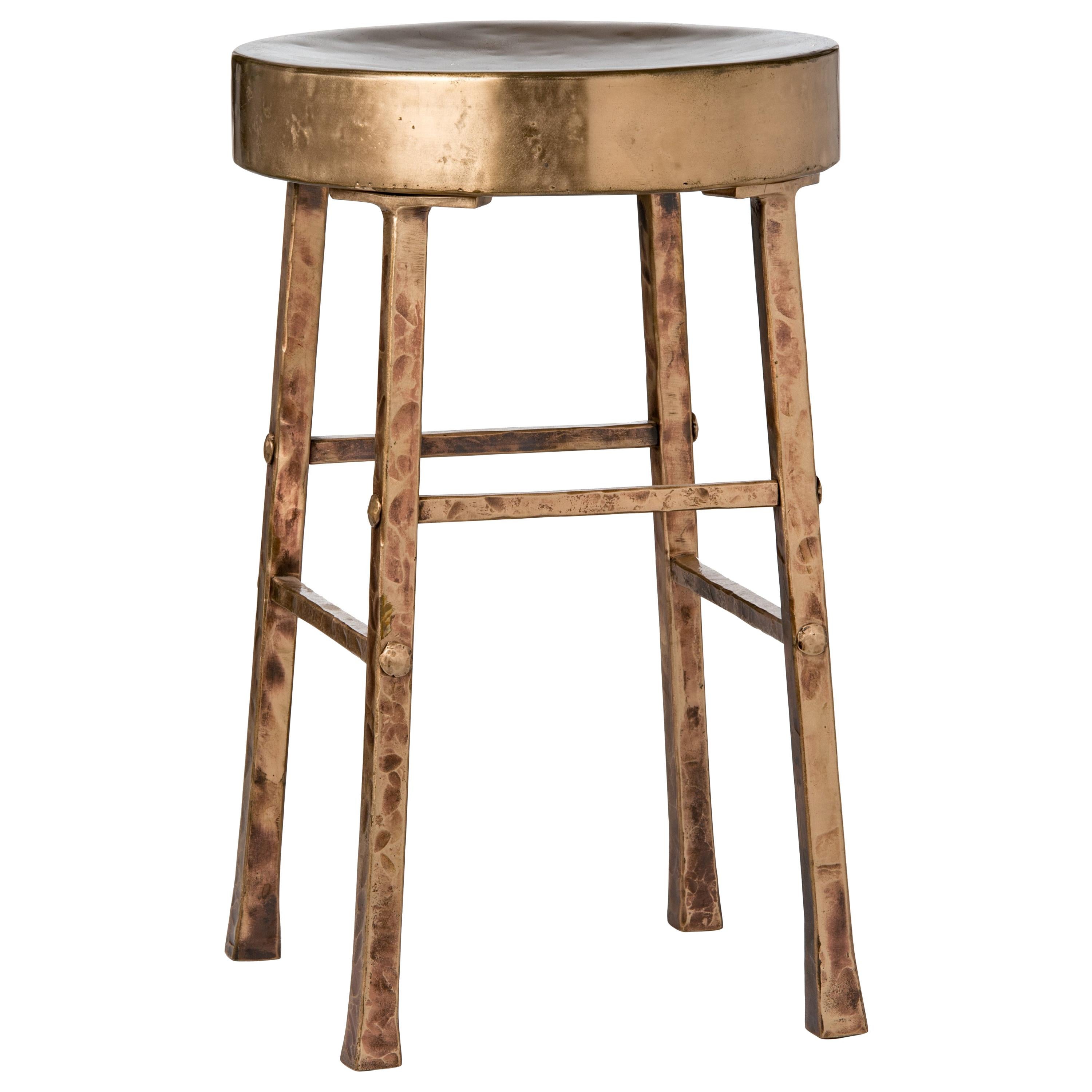 Round Bronze Stool with Forged and Hammered Bronze Legs