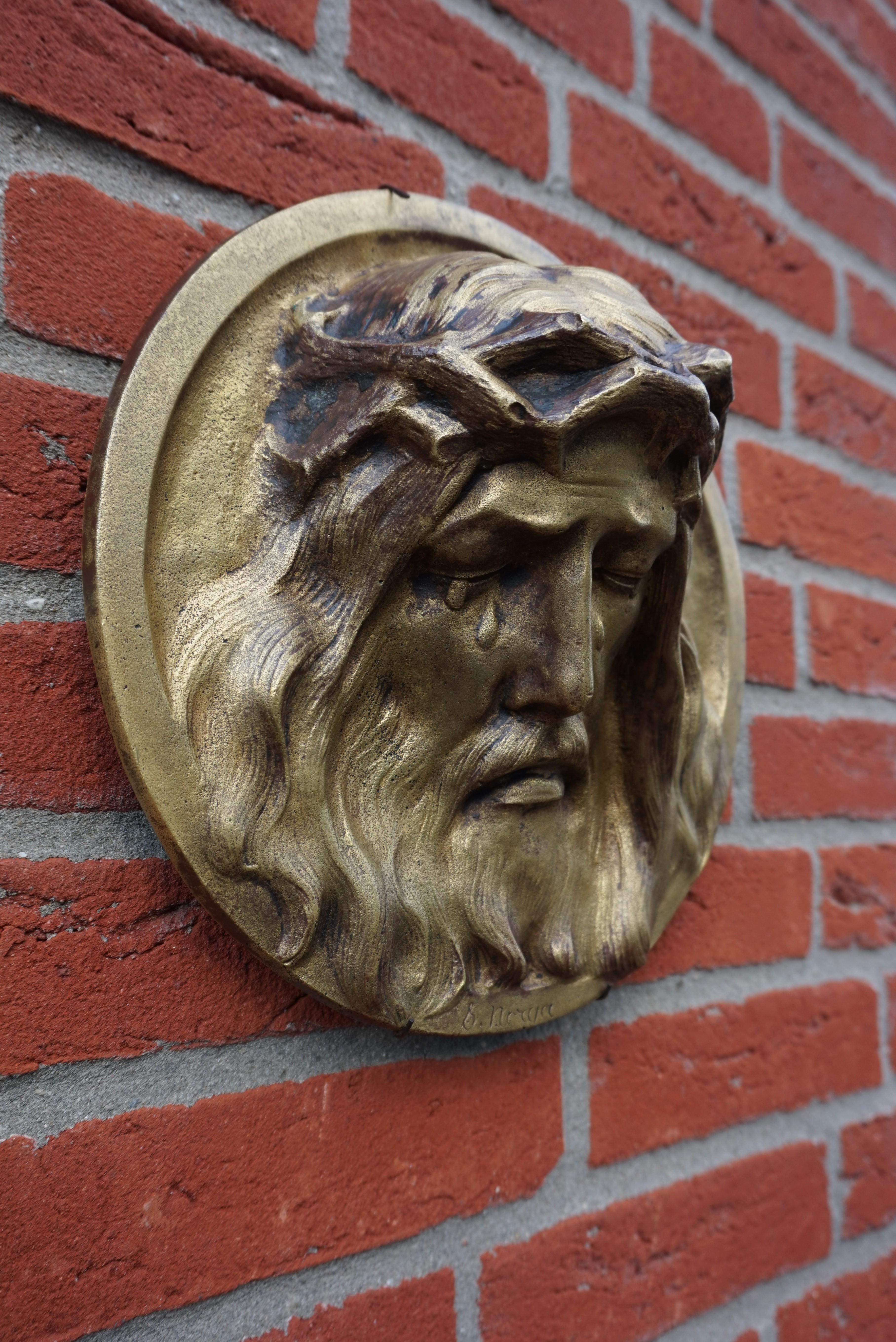 Hand-Crafted Round Bronze Wall Plaque Depicting a Suffering Christ in Tears by Sylvain Norga For Sale