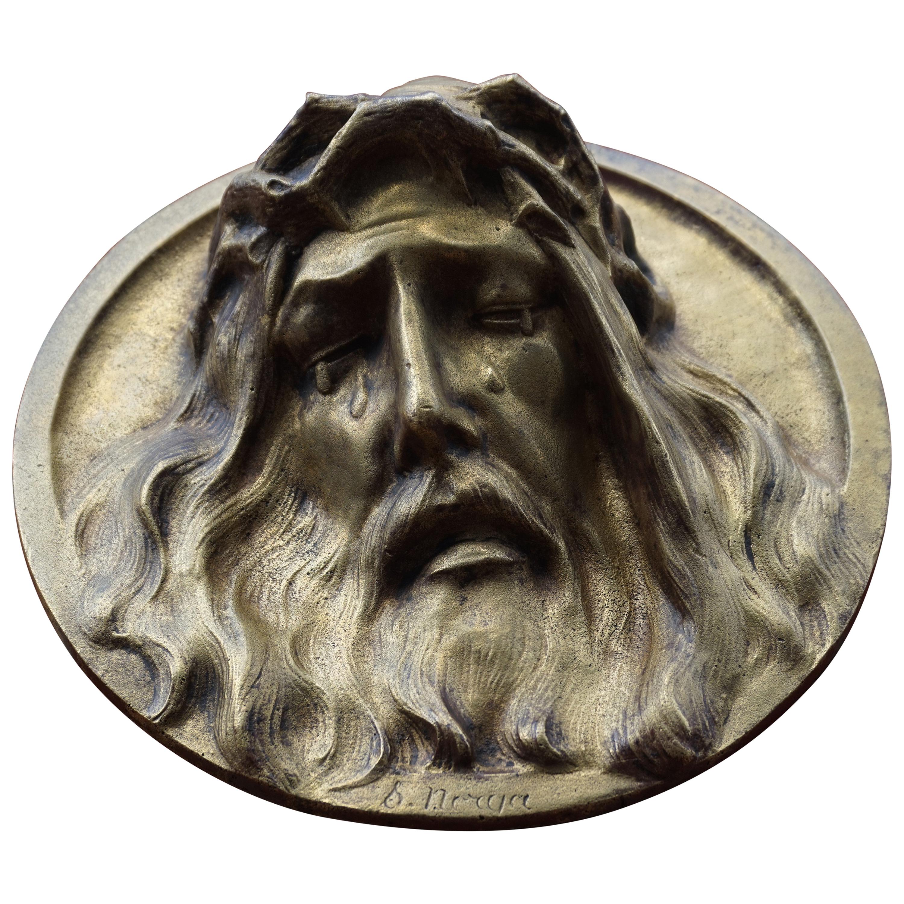 Round Bronze Wall Plaque Depicting a Suffering Christ in Tears by Sylvain Norga