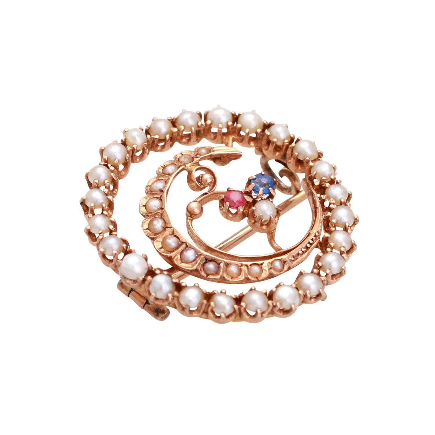 Baroque Revival Round Brooch with Half Pearls For Sale