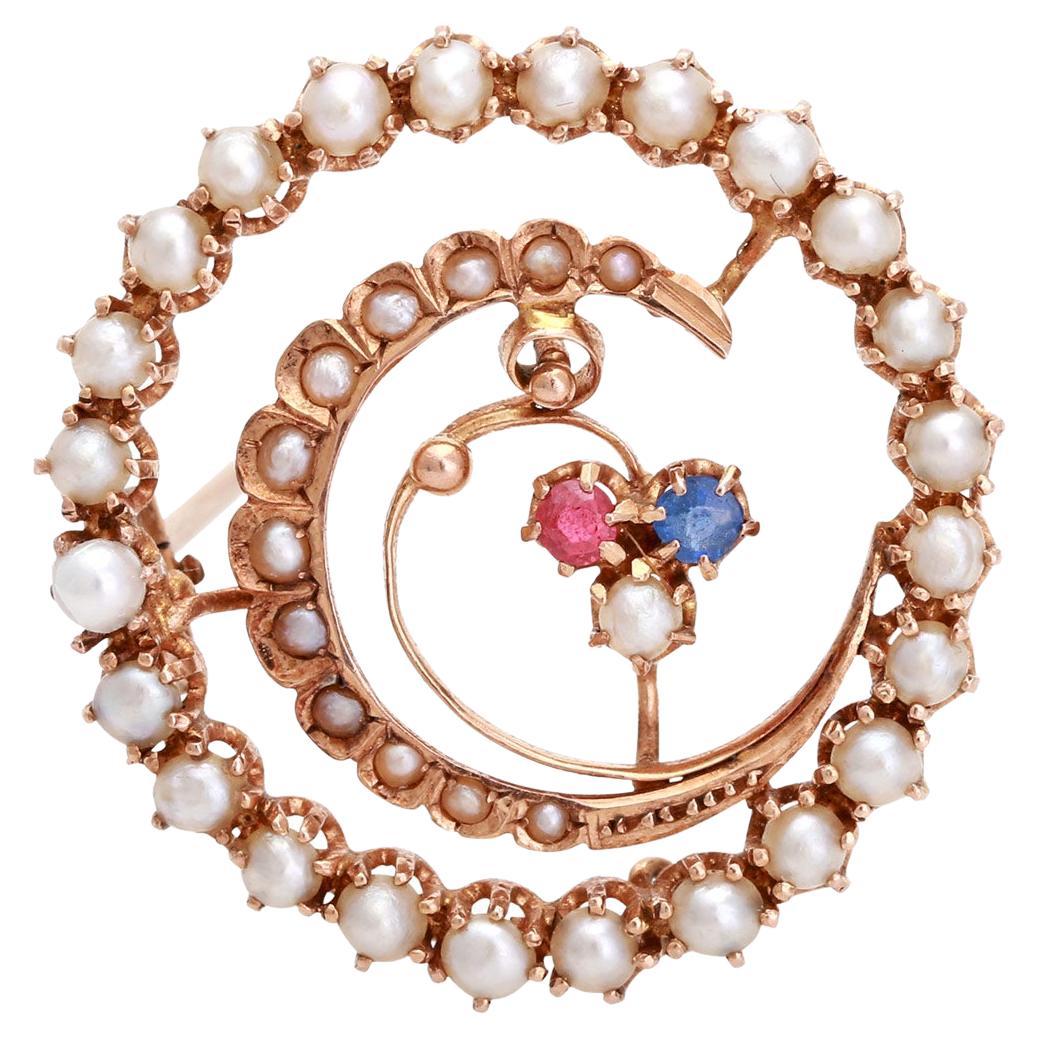 Round Brooch with Half Pearls For Sale