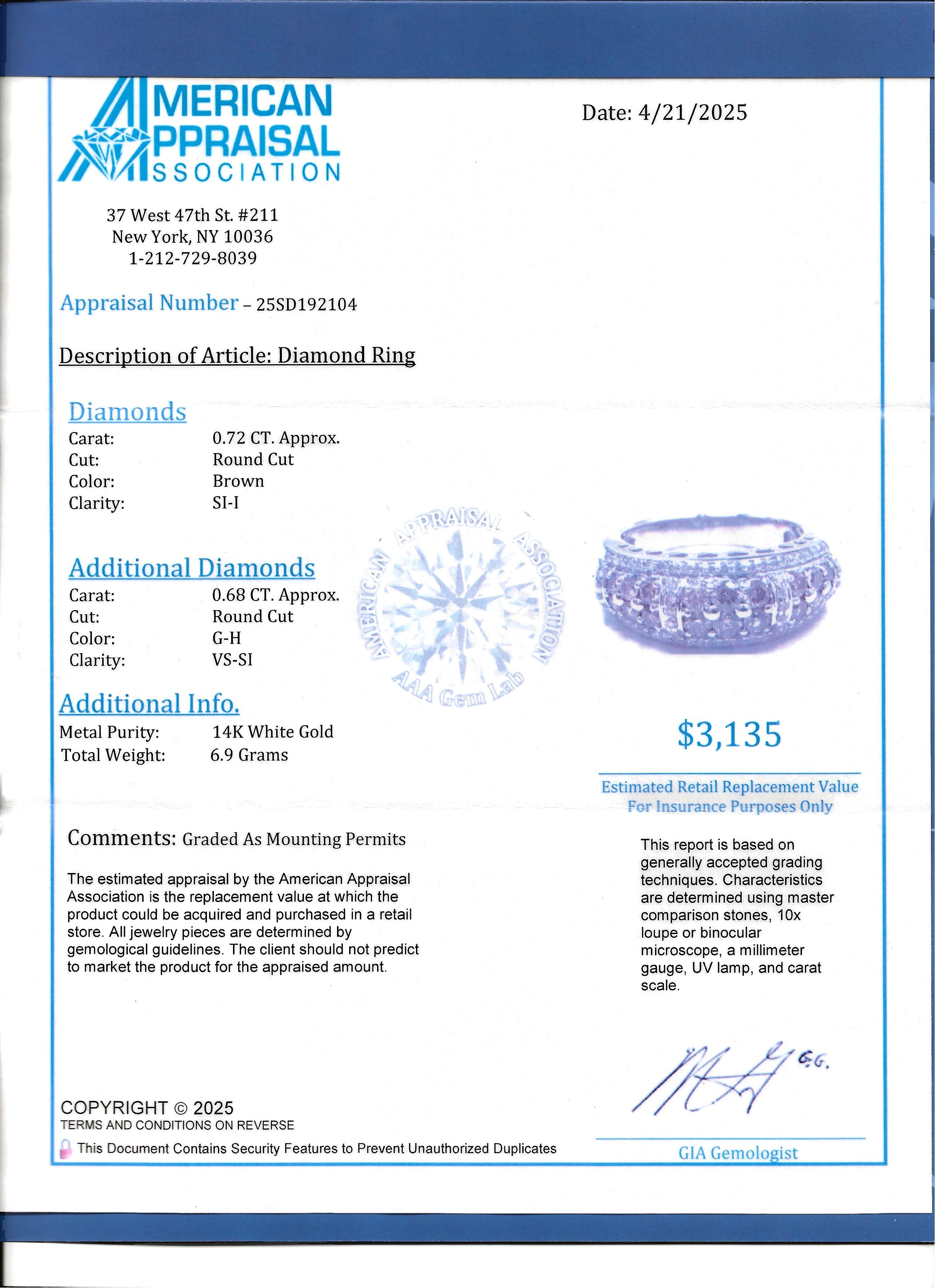 Bague à anneau en forme de dôme en or 14 carats, diamants ronds, bruns et blancs, avec découpes en forme de cœur en vente 7