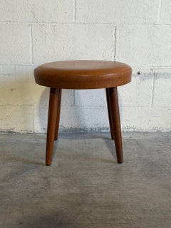 Round Brown Leather Teak Ottoman Danish Mid-Century Modern 1960s