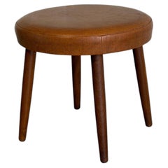 Round Brown Leather Teak Ottoman Danish Mid-Century Modern 1960s