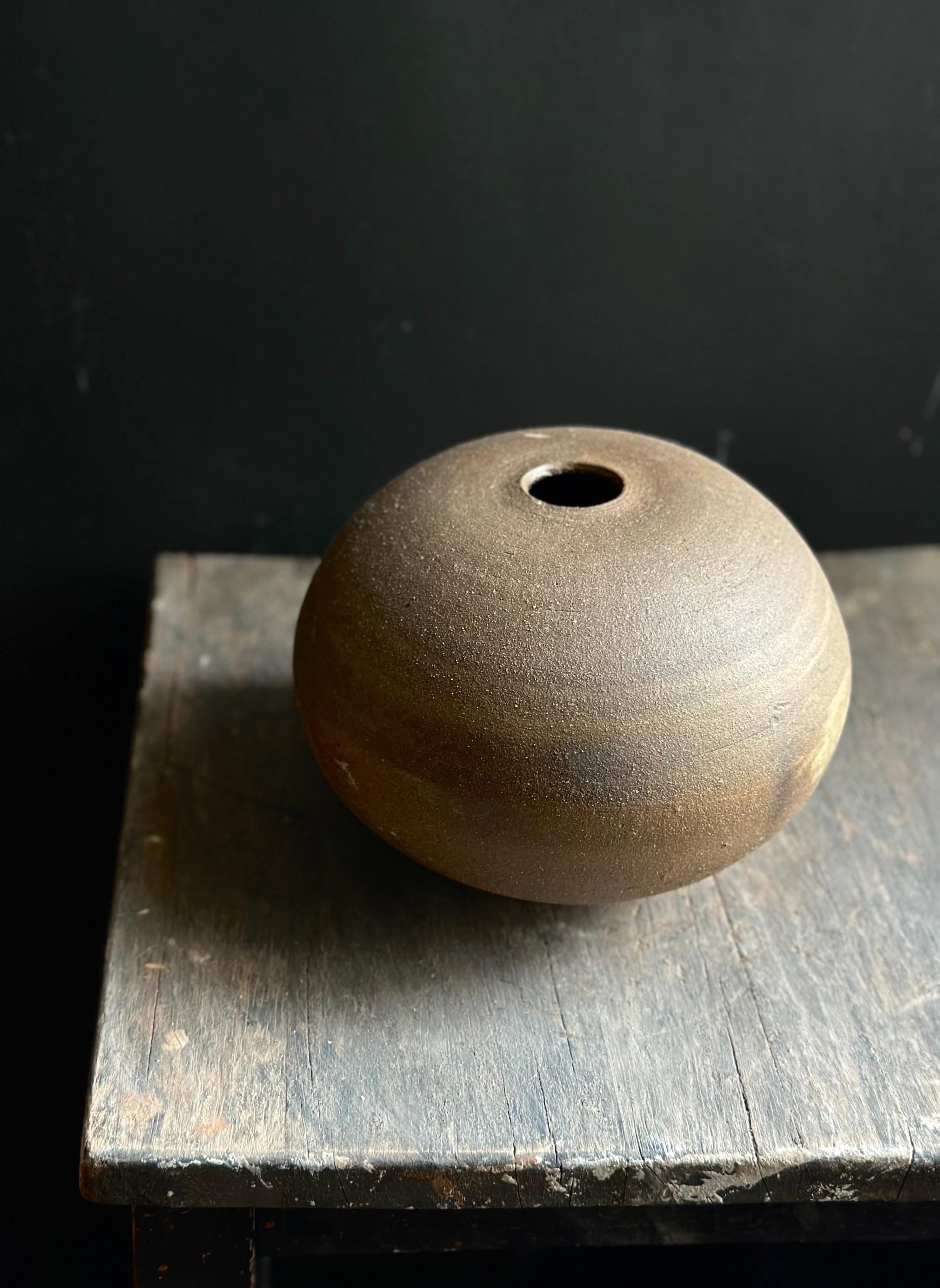Round Brown Minimalist Wabi-Sabi Ceramic Decorative Vase For Sale 4