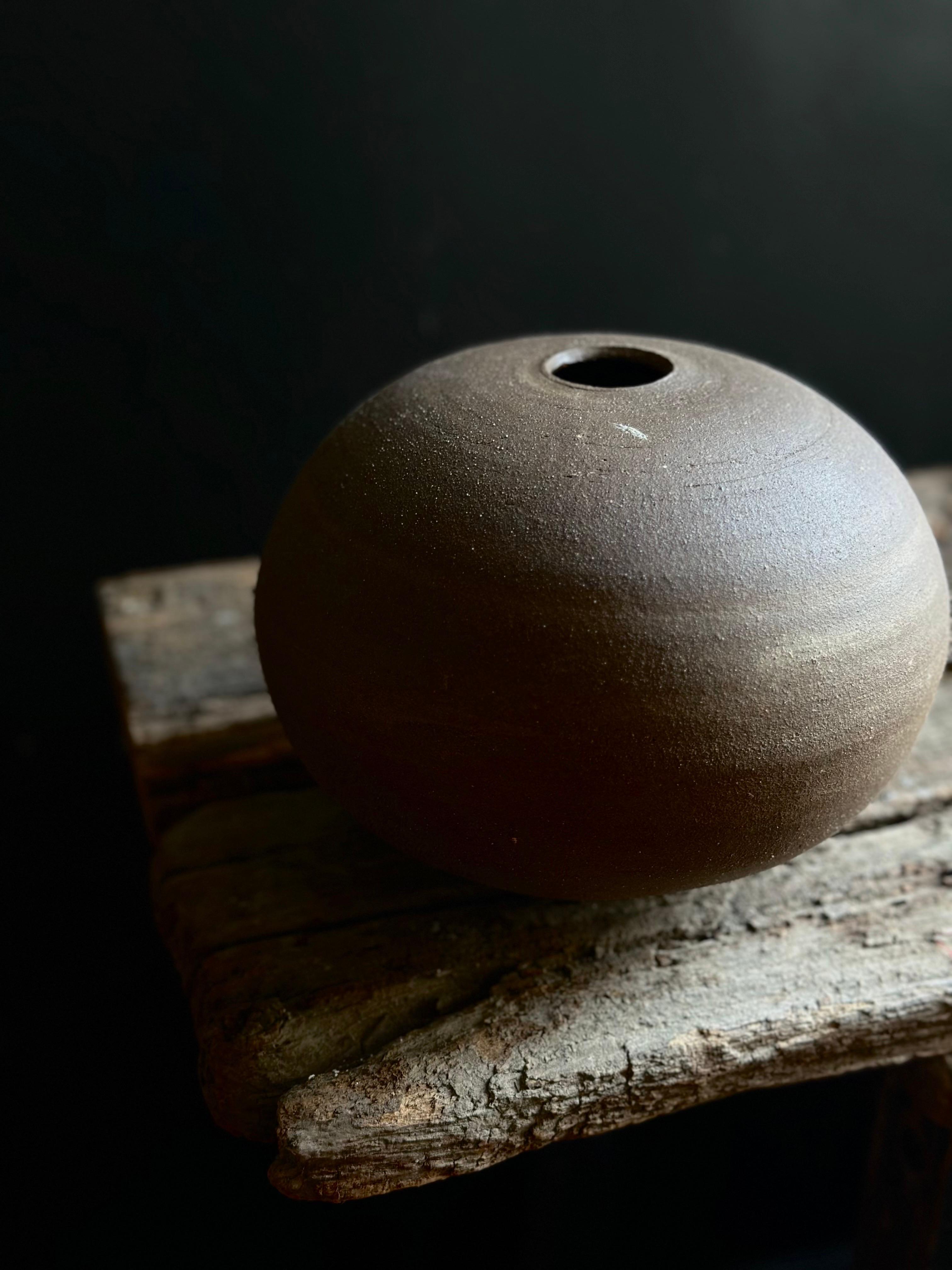 Rustic Round Brown Minimalist Wabi-Sabi Ceramic Decorative Vase For Sale