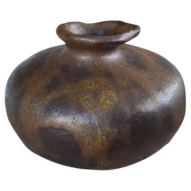Round Ceramic Brown Unusual Studio Pottery Vase, Signed