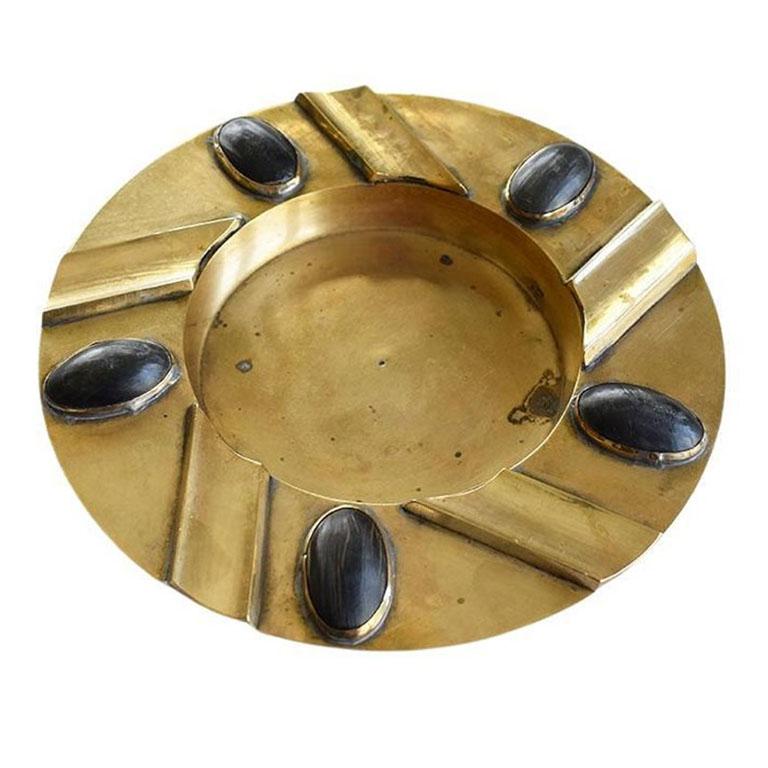 Round Brutalist Brass Ashtray or Catchall Encrusted with Wooden Accents, India In Good Condition In Oklahoma City, OK