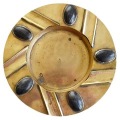 Round Brutalist Brass Ashtray or Catchall Encrusted with Wooden Accents, India