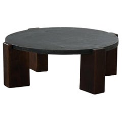 Mesa de Centro Brutalista Redonda en Roble y Pizarra, Moderna Francesa de Mediados de Siglo, Años 70