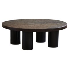 Round Brutalist Coffee Table in Stone & Steel, French Mid-Century Modern, 1960s