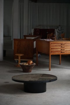 Round Brutalist Coffee Table in Stone & Steel, French Mid-Century Modern, 1970s