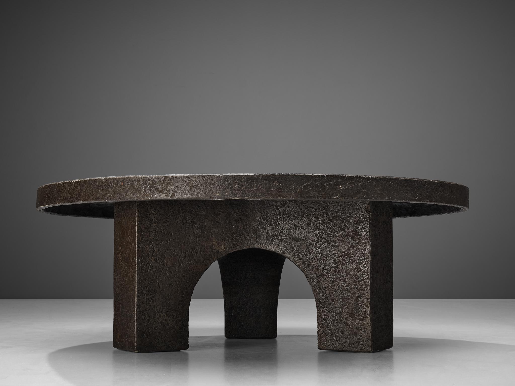 Mid-Century Modern Round Brutalist Coffee Table with Stone Look