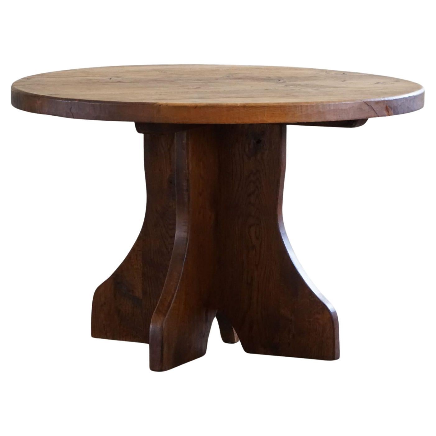 Round Brutalist Dining Table in Oak, Mid Century Modern, Made in France, 1960s