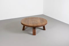 Round Brutalist French Artisan Coffee Table in Solid Oak, 1960s Status