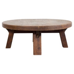 Round Brutalist French Artisan Coffee Table in Solid Oak, 1960s Status