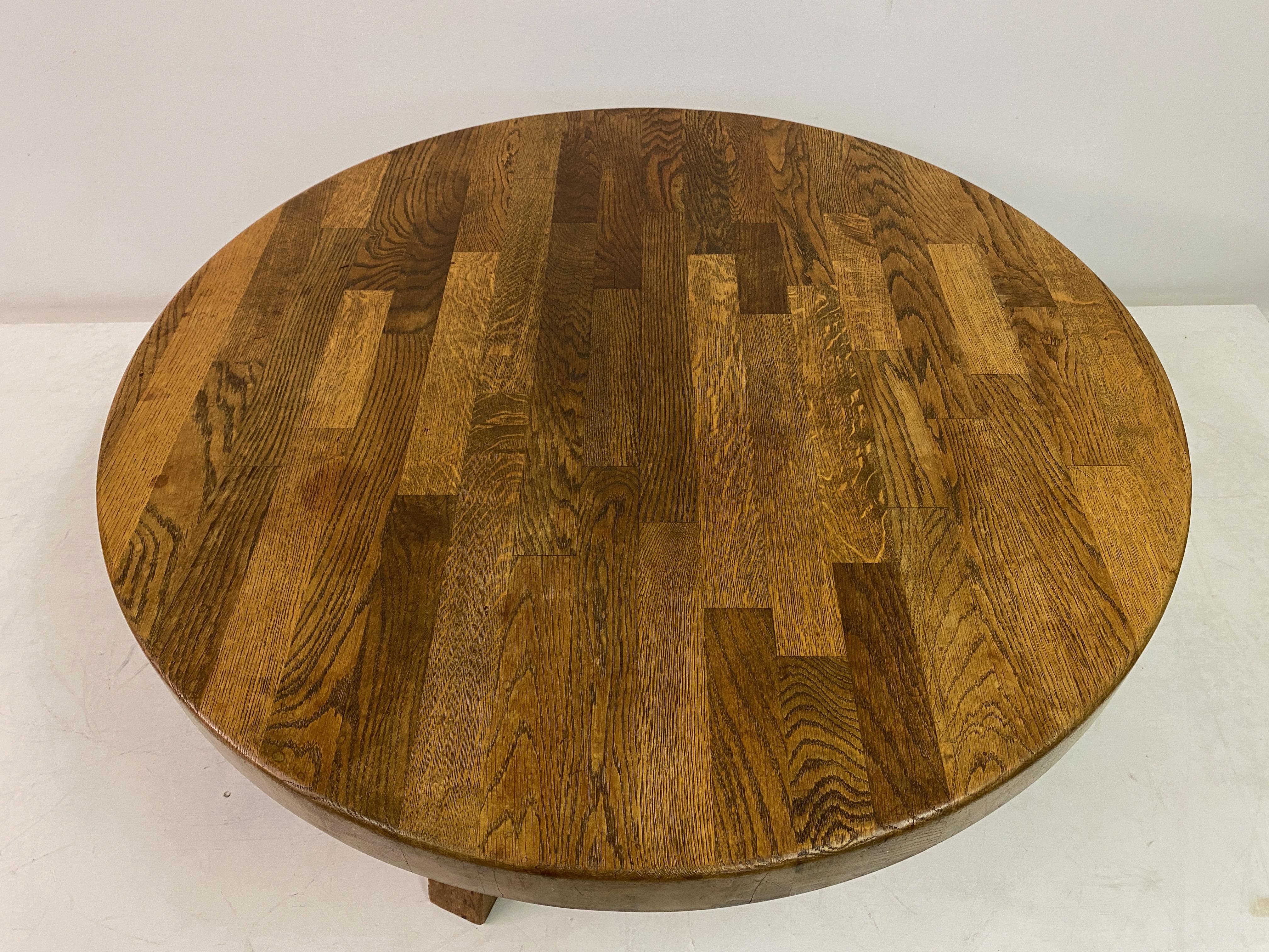 Round Brutalist Oak Coffee Table For Sale 5