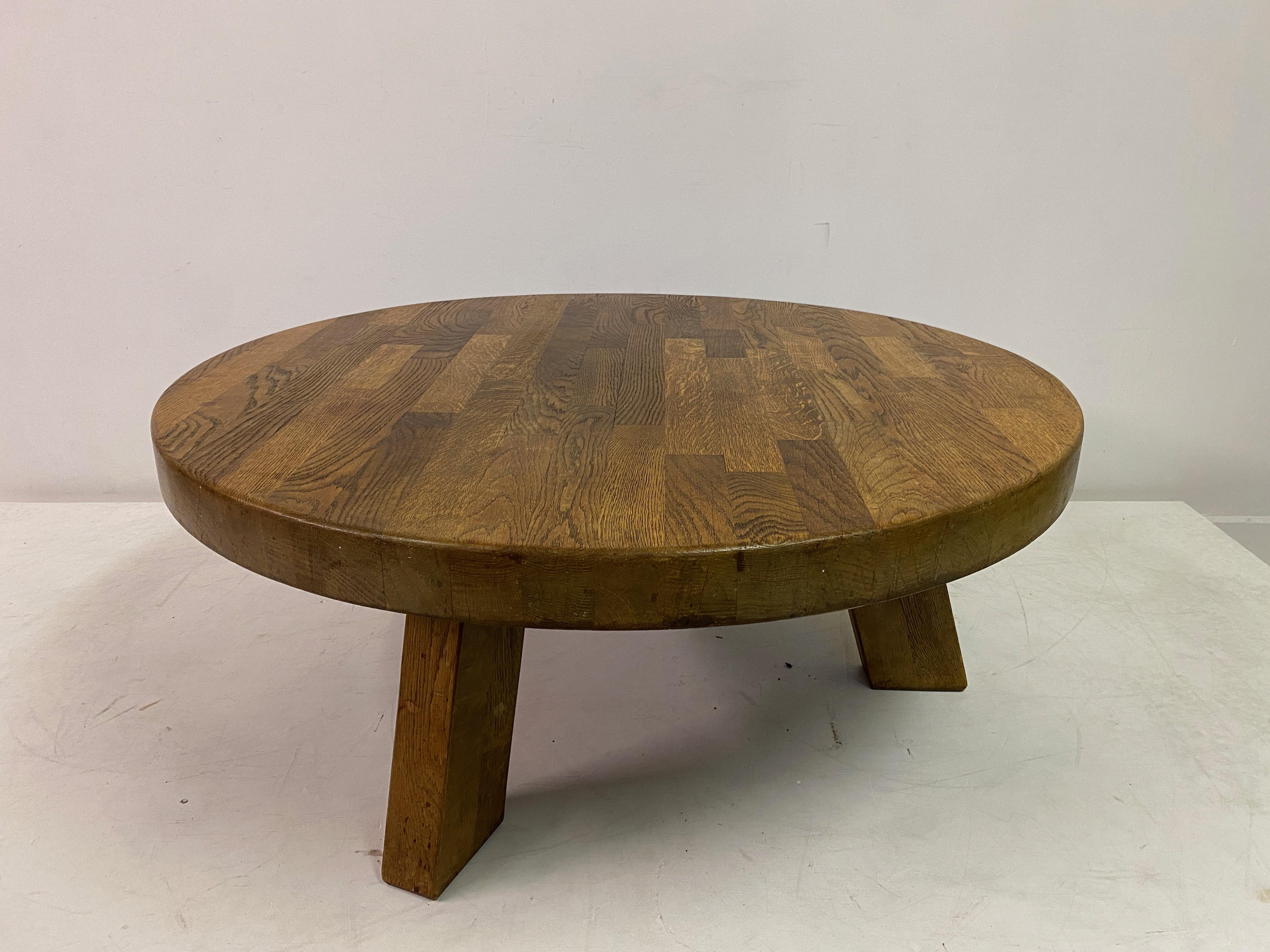 Round Brutalist Oak Coffee Table For Sale 6