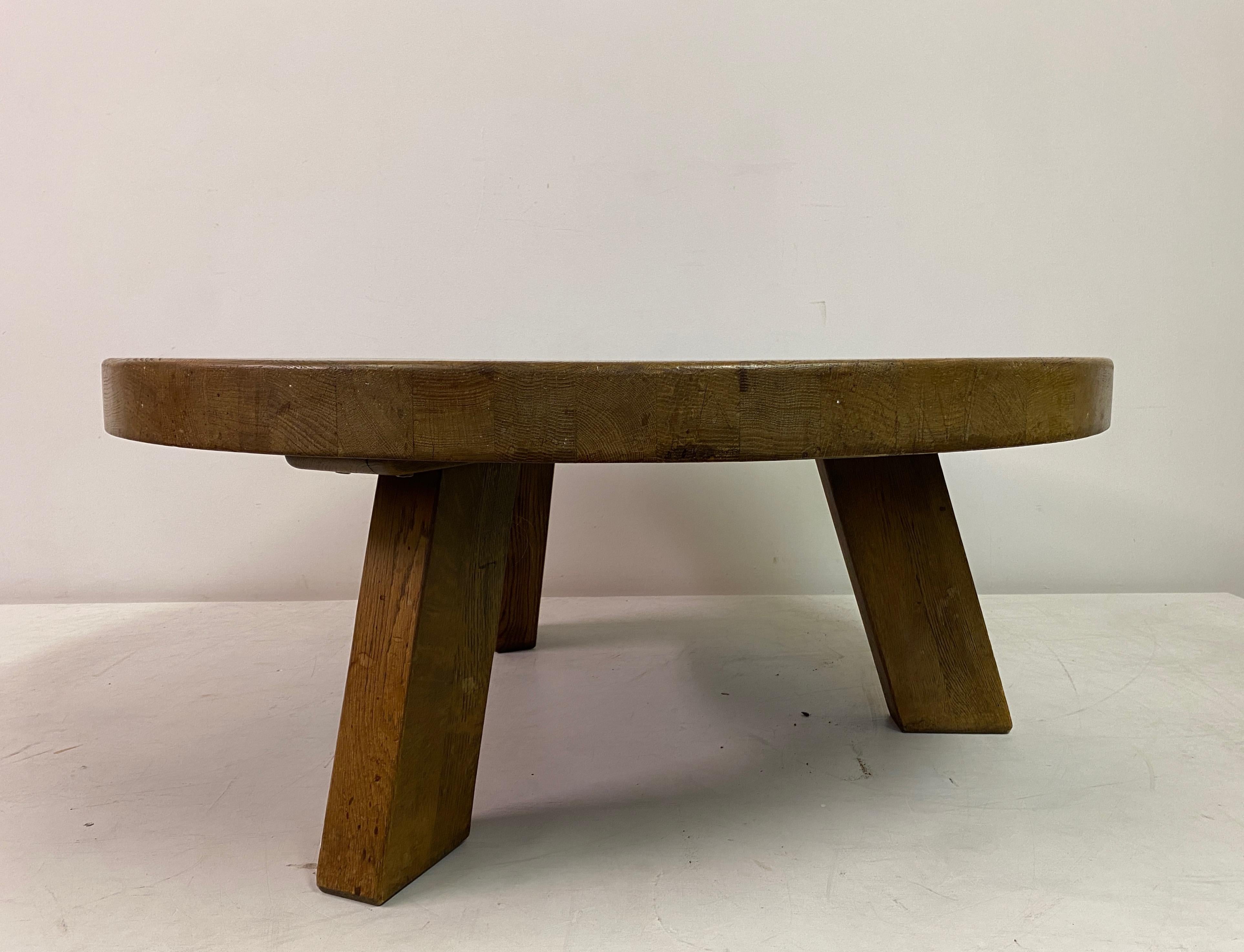 Round Brutalist Oak Coffee Table For Sale 7
