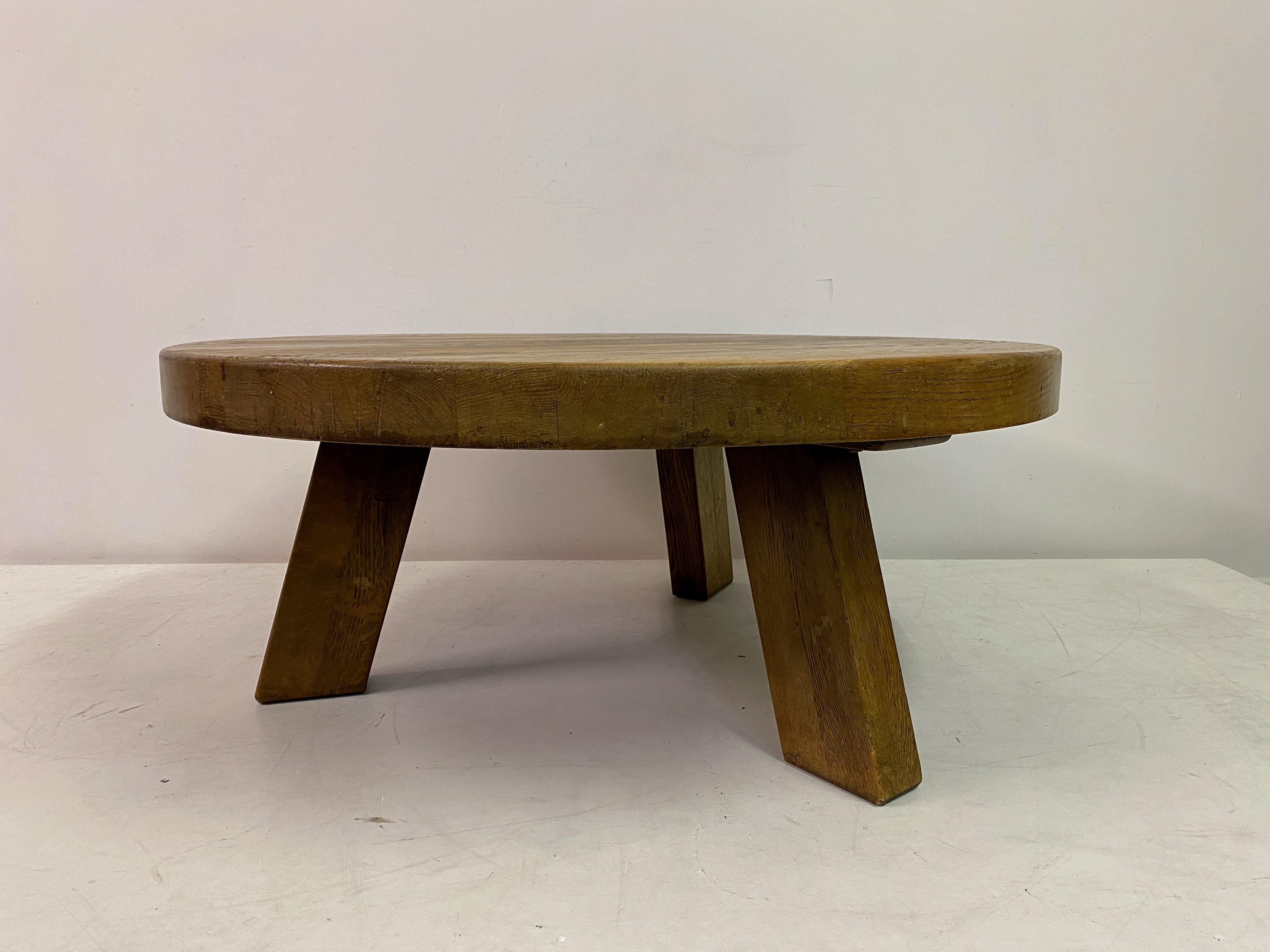 Round Brutalist Oak Coffee Table For Sale 2