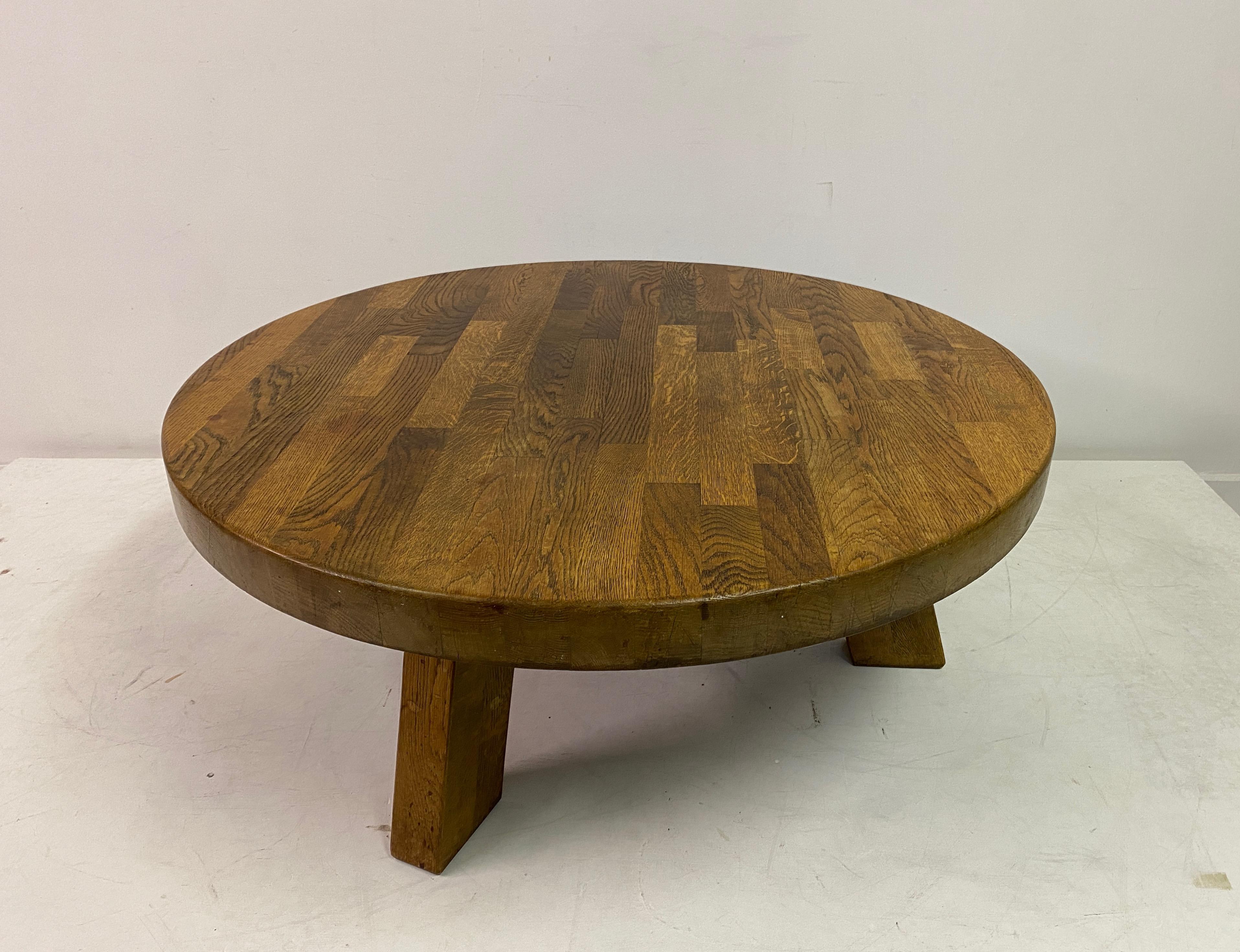 Round Brutalist Oak Coffee Table For Sale 4