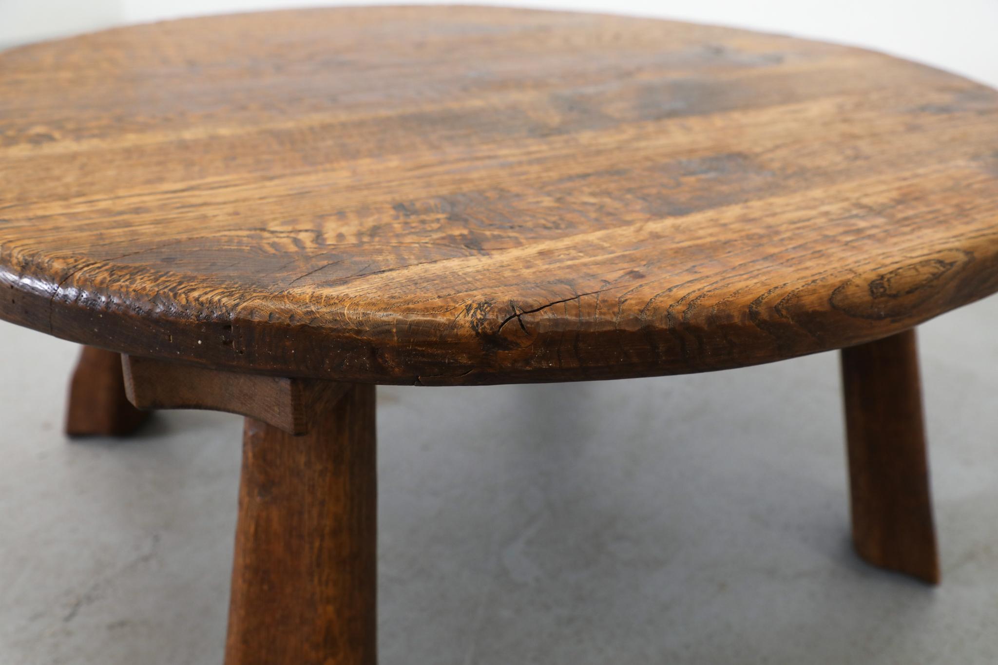 Round Brutalist Oak Coffee Table with Carved Detail For Sale 6