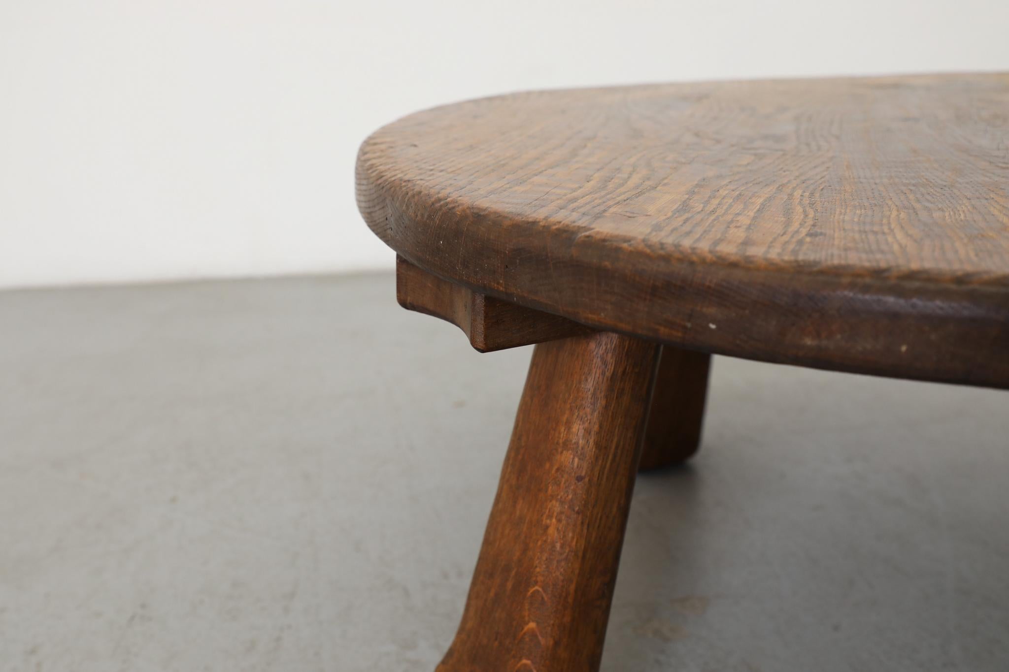 Round Brutalist Oak Coffee Table with Carved Detail For Sale 7