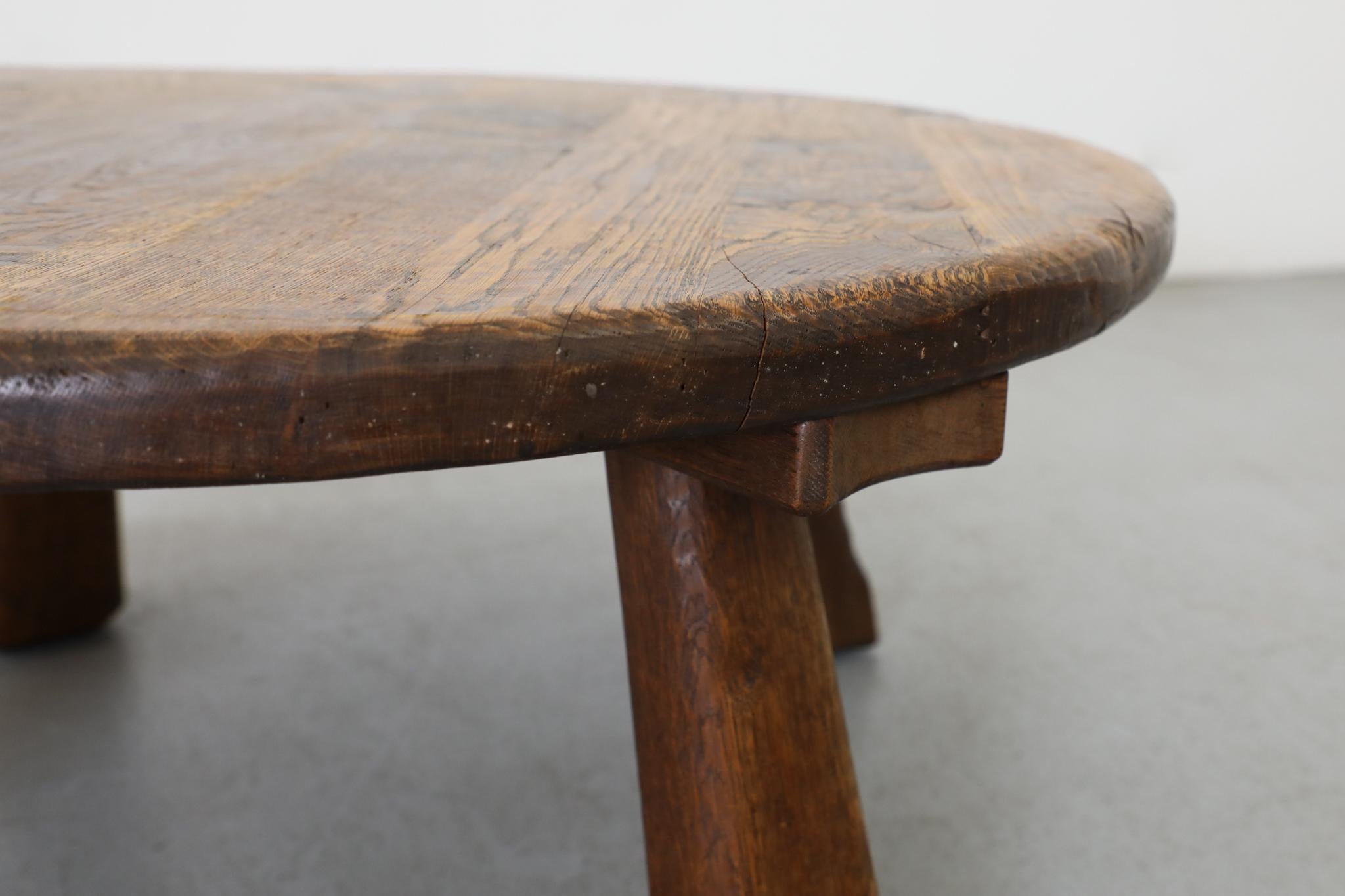 Round Brutalist Oak Coffee Table with Carved Detail For Sale 9