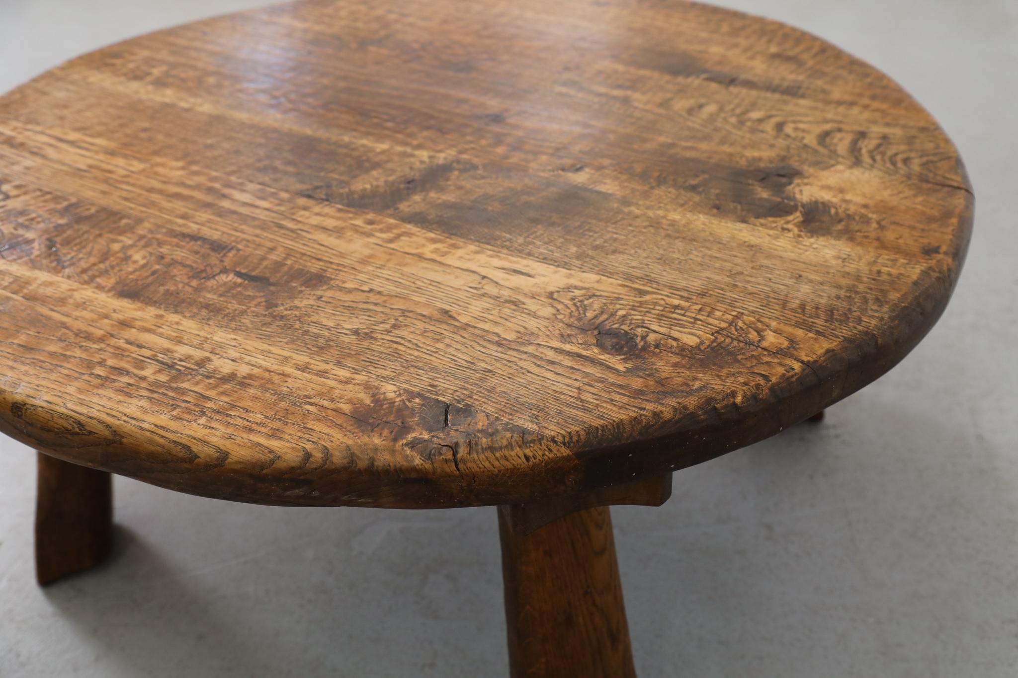 Round Brutalist Oak Coffee Table with Carved Detail For Sale 10