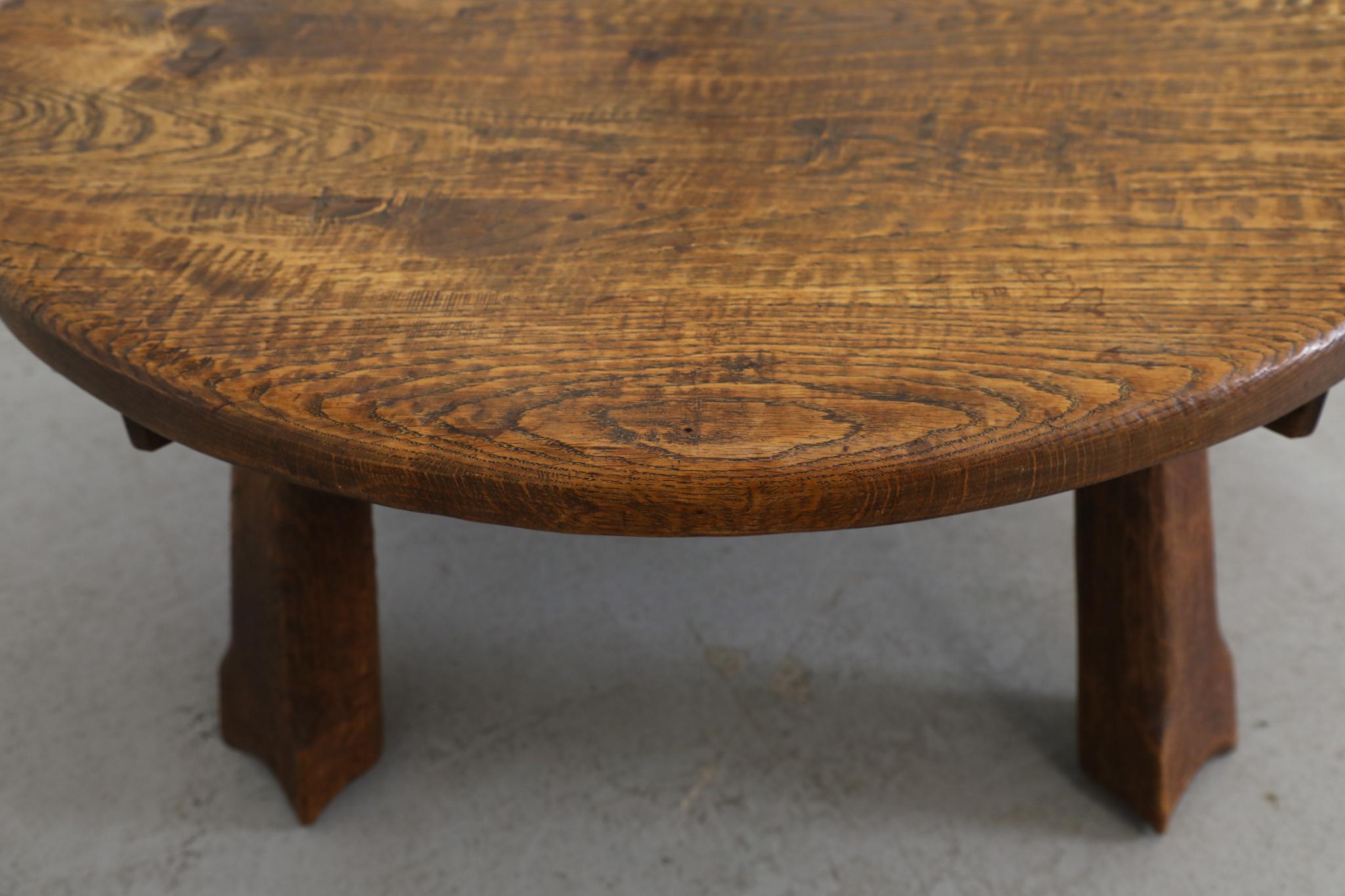 Round Brutalist Oak Coffee Table with Carved Detail For Sale 11