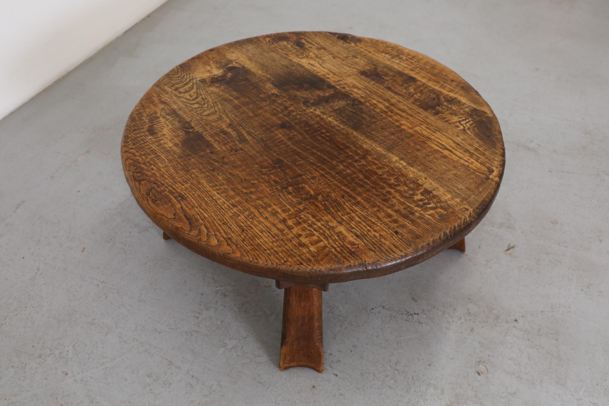 Round Brutalist Oak Coffee Table with Carved Detail For Sale 12