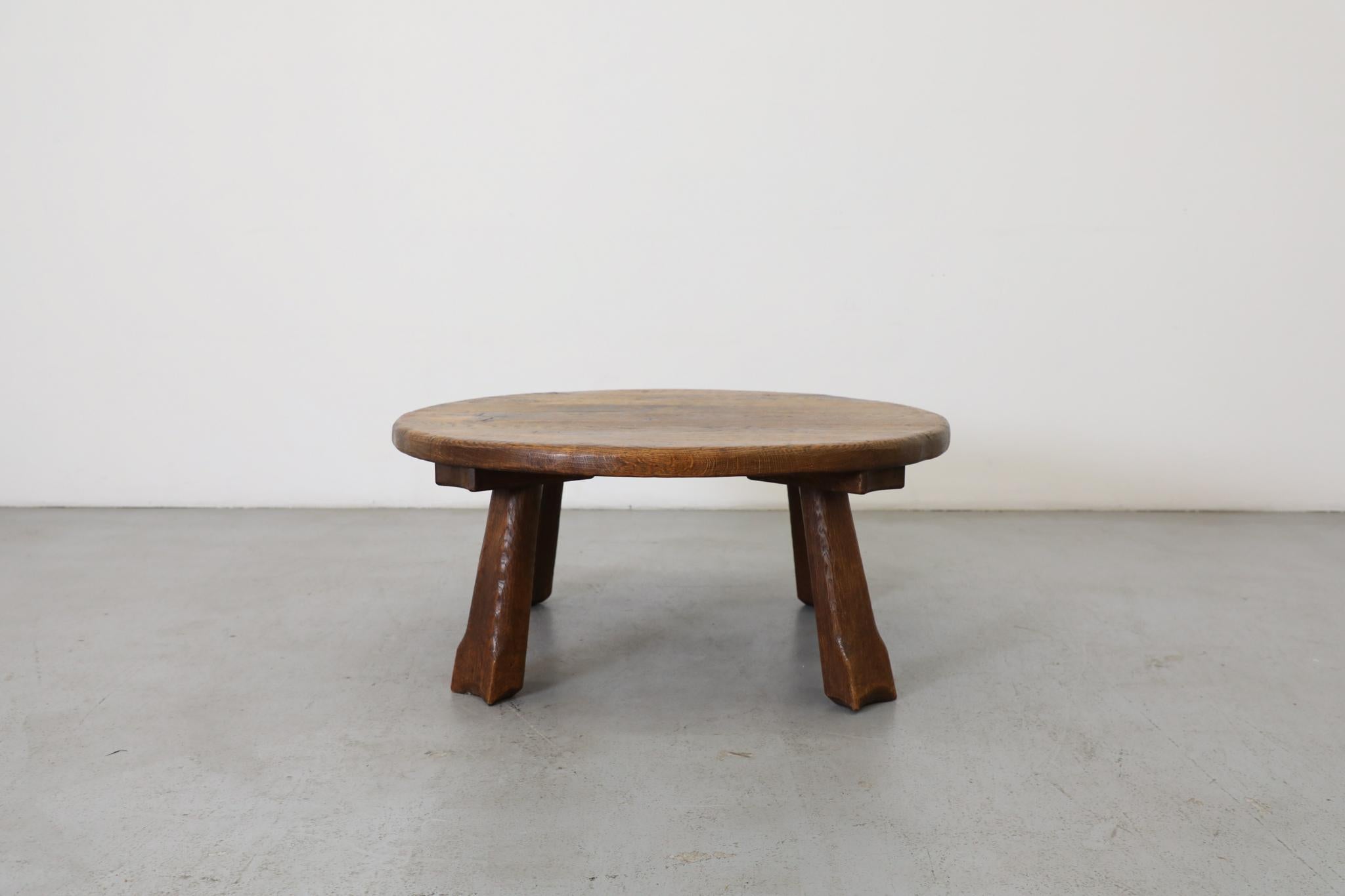 Dutch Round Brutalist Oak Coffee Table with Carved Detail For Sale