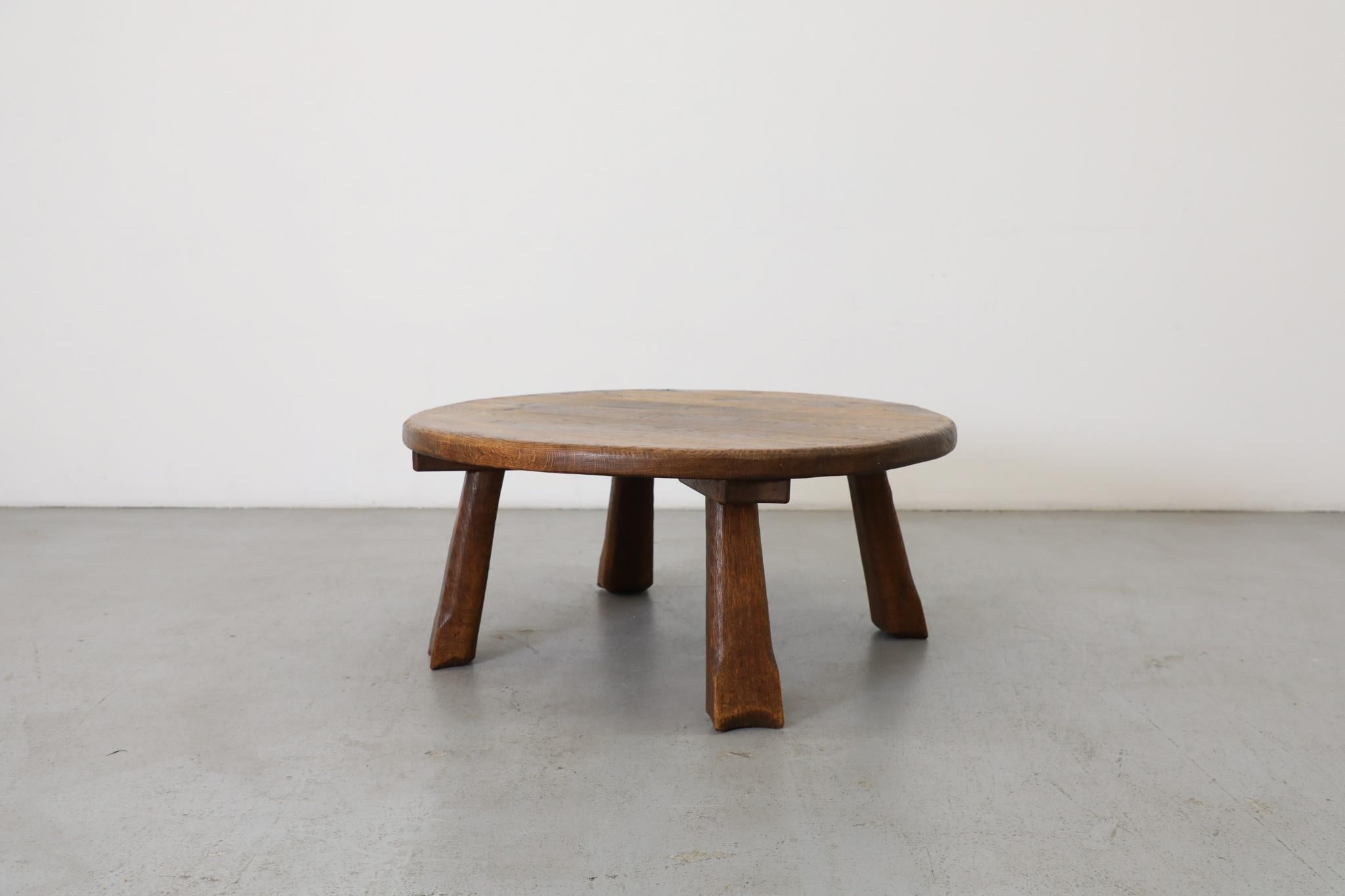 Round Brutalist Oak Coffee Table with Carved Detail In Good Condition For Sale In Los Angeles, CA