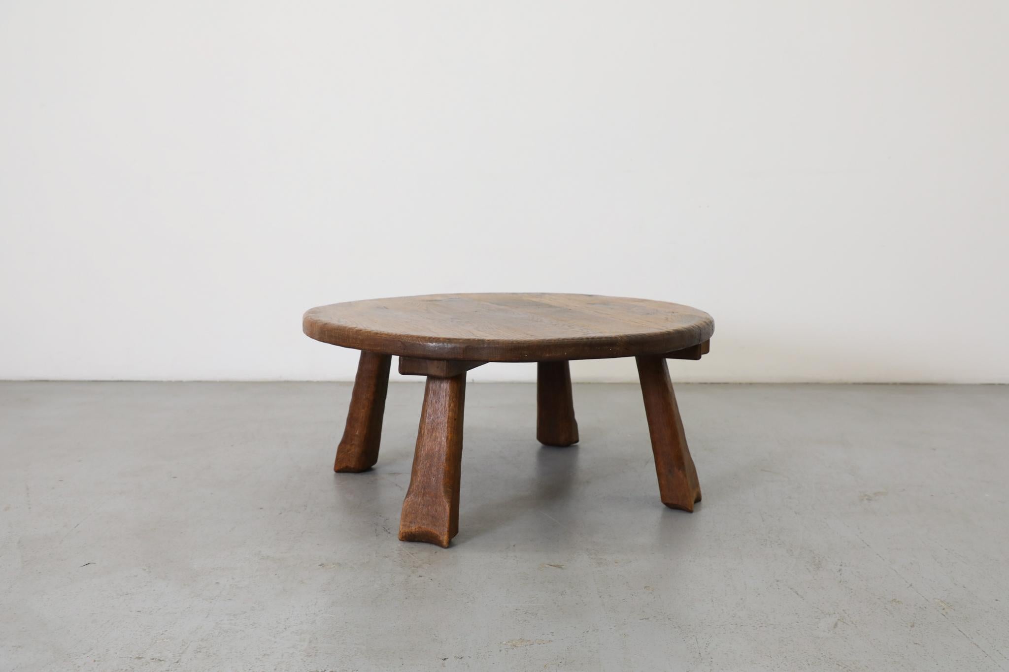 Mid-20th Century Round Brutalist Oak Coffee Table with Carved Detail For Sale