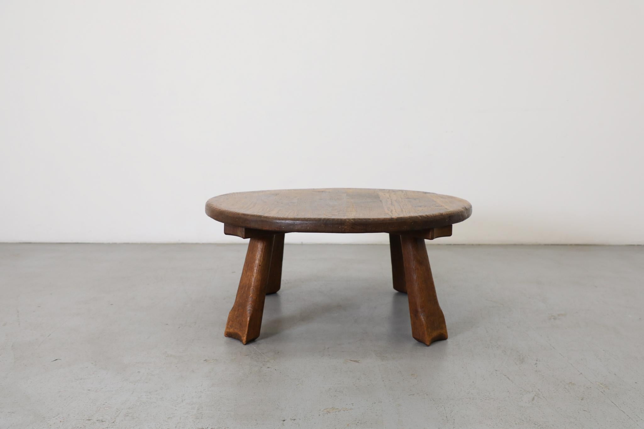 Round Brutalist Oak Coffee Table with Carved Detail For Sale 1