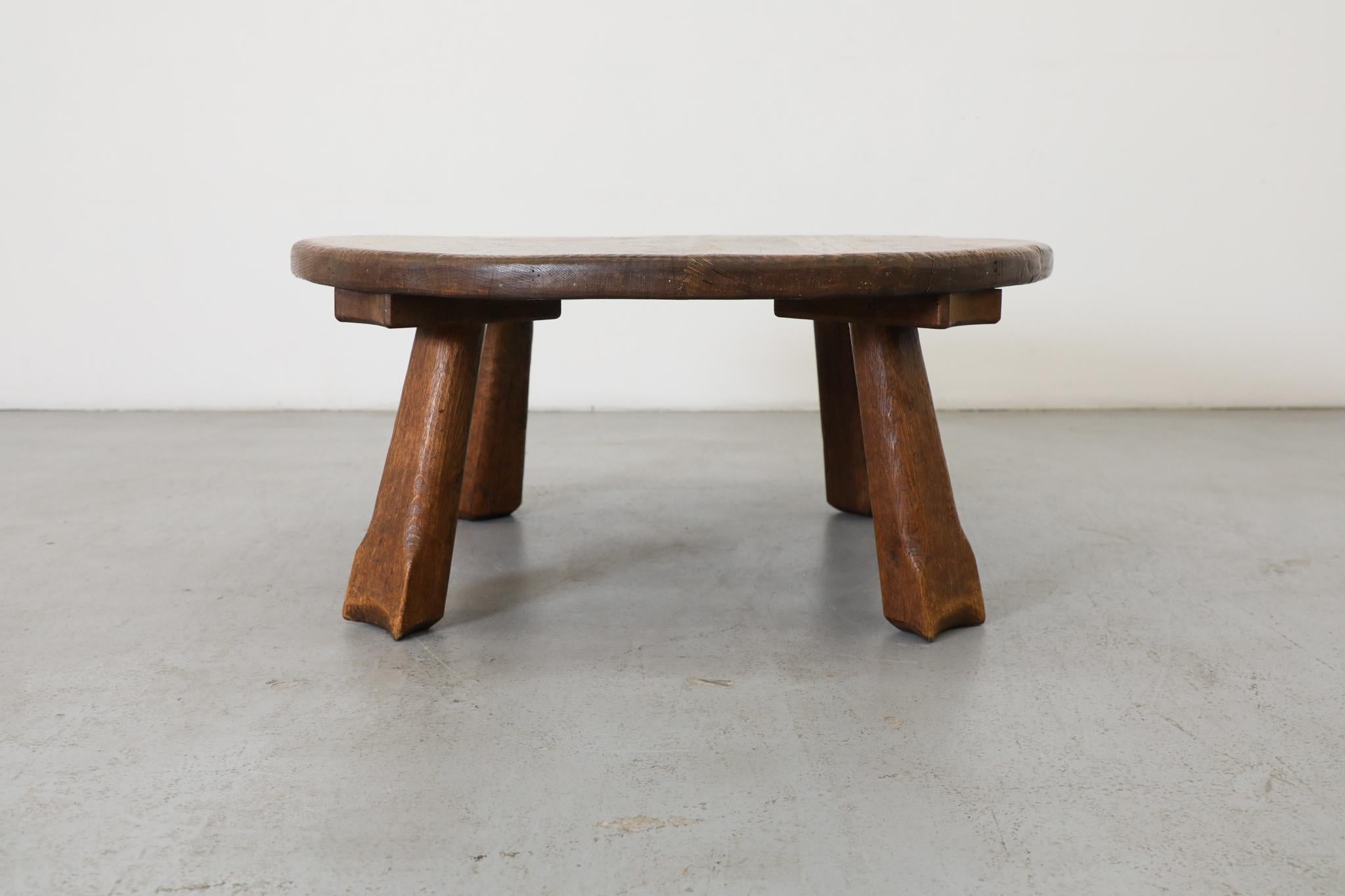 Round Brutalist Oak Coffee Table with Carved Detail For Sale 2