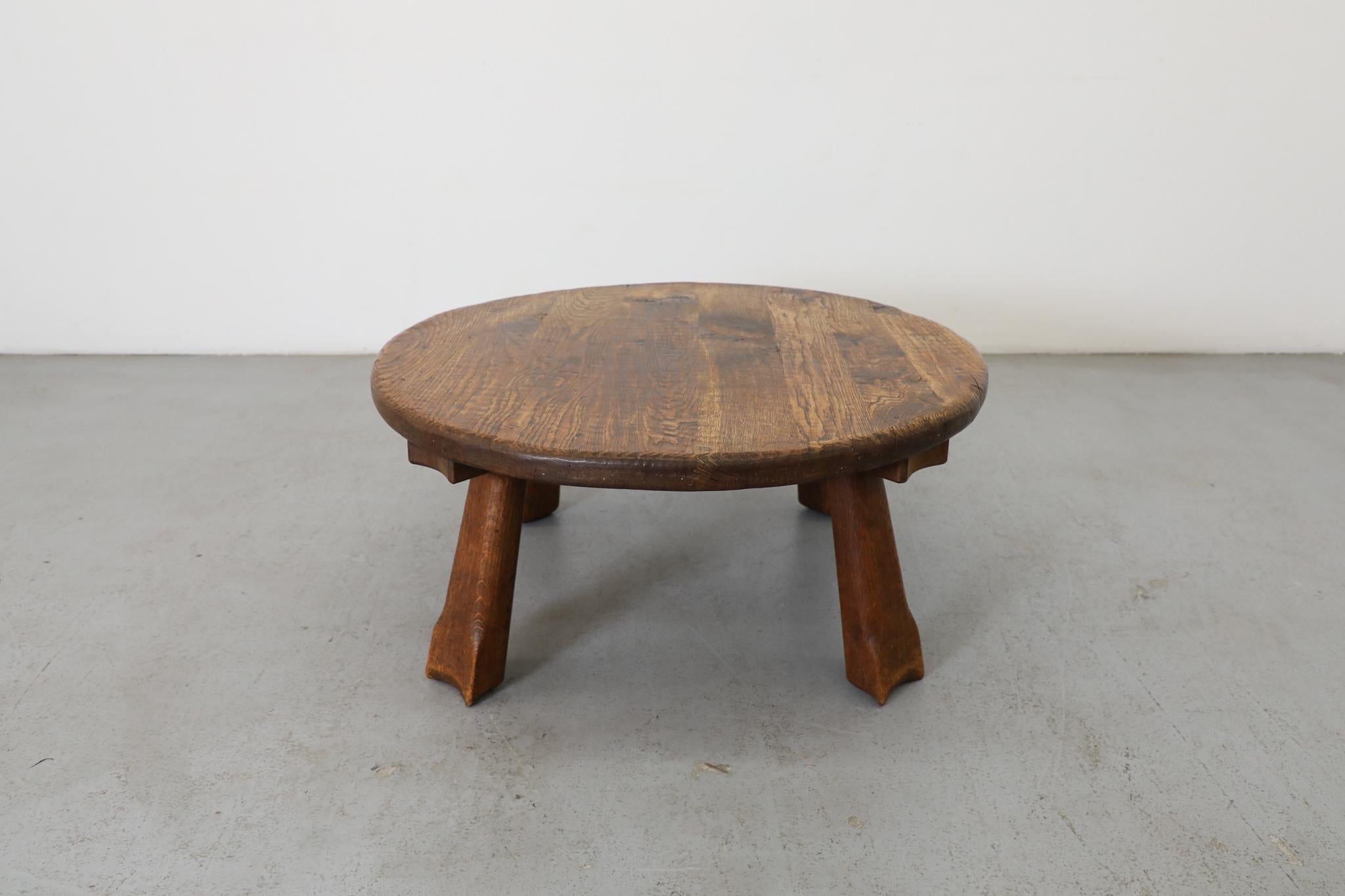 Round Brutalist Oak Coffee Table with Carved Detail For Sale 3