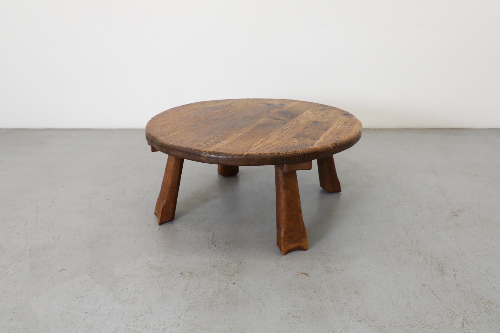 Round Brutalist Oak Coffee Table with Carved Detail For Sale 4