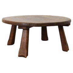 Round Brutalist Oak Coffee Table with Carved Detail