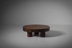 Round Brutalist Slatted Oak Coffee Table, Belgium 1970s