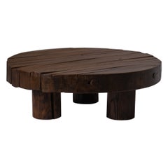 Round Brutalist Slatted Oak Coffee Table, Belgium 1970s