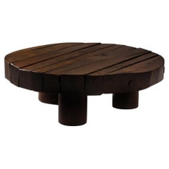 Round brutalist slatted Oak coffee table, Belgium 1970s Round brutalist slatted Oak coffee table, Belgium 1970s