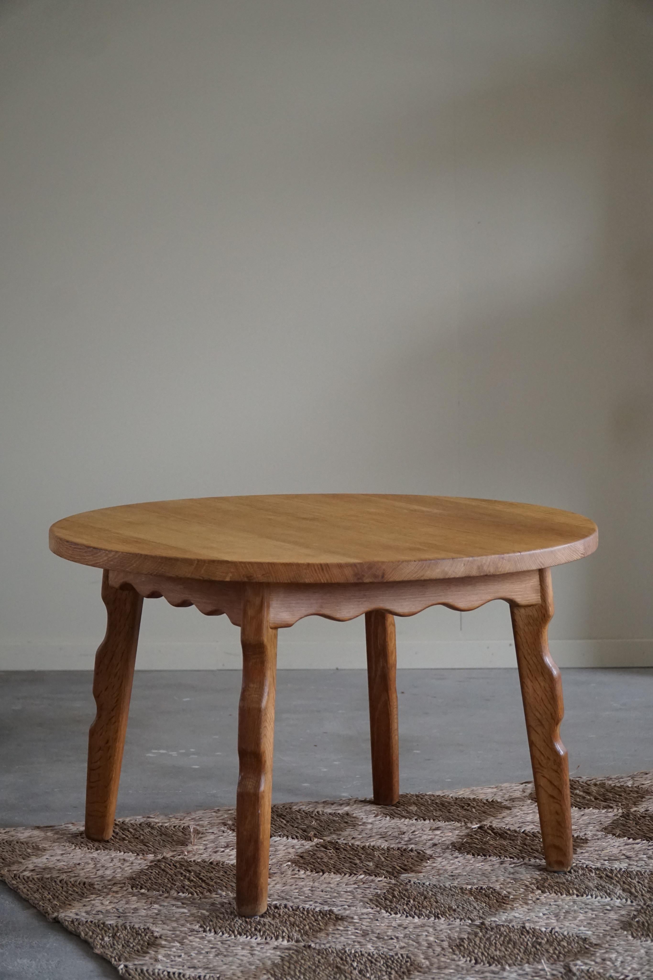Round Brutalist Sofa Table in Solid Oak, 1960s, Henning Kjærnulf style, Denmark 4
