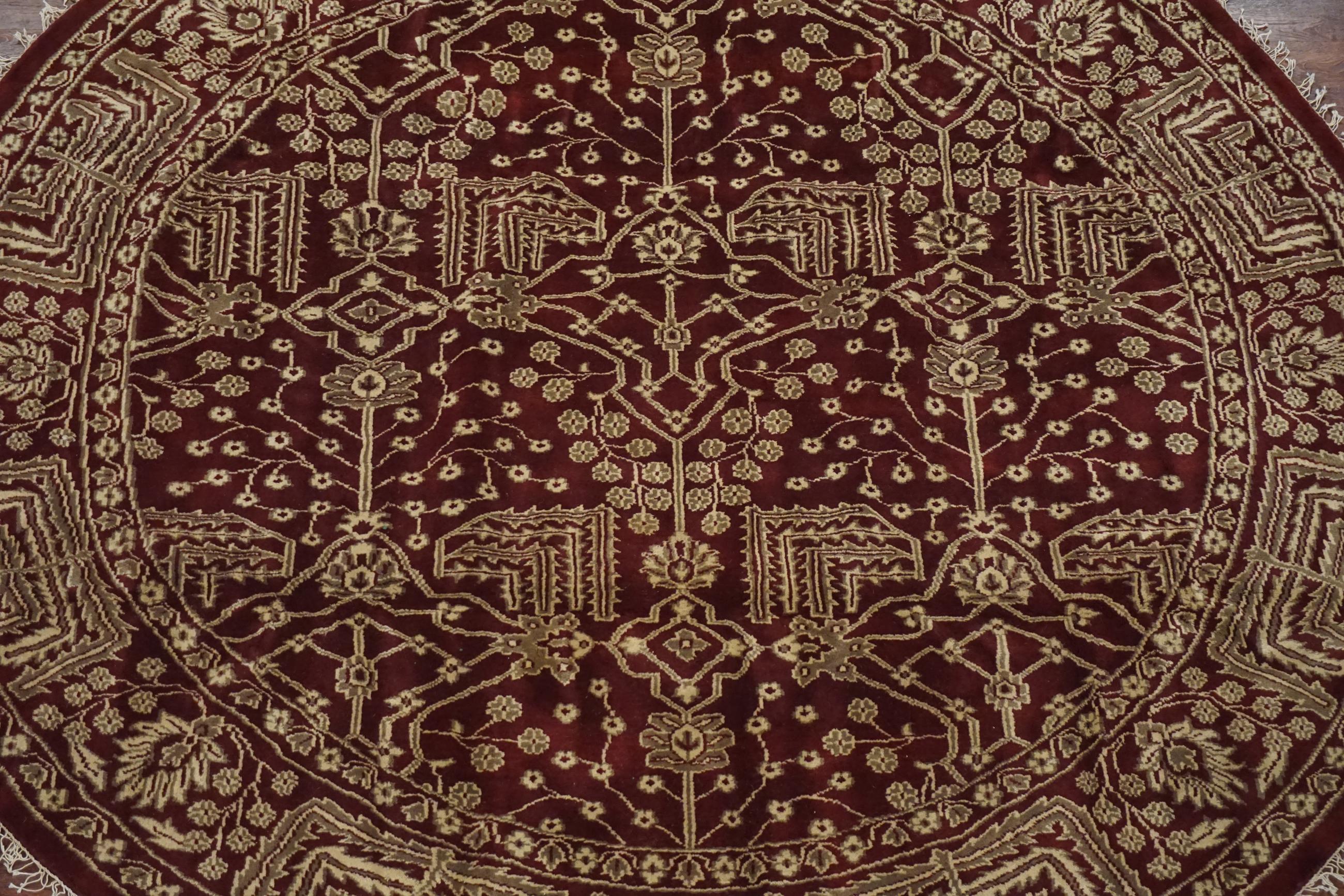 Indian Round Burgundy Art & Craft Style Rug For Sale