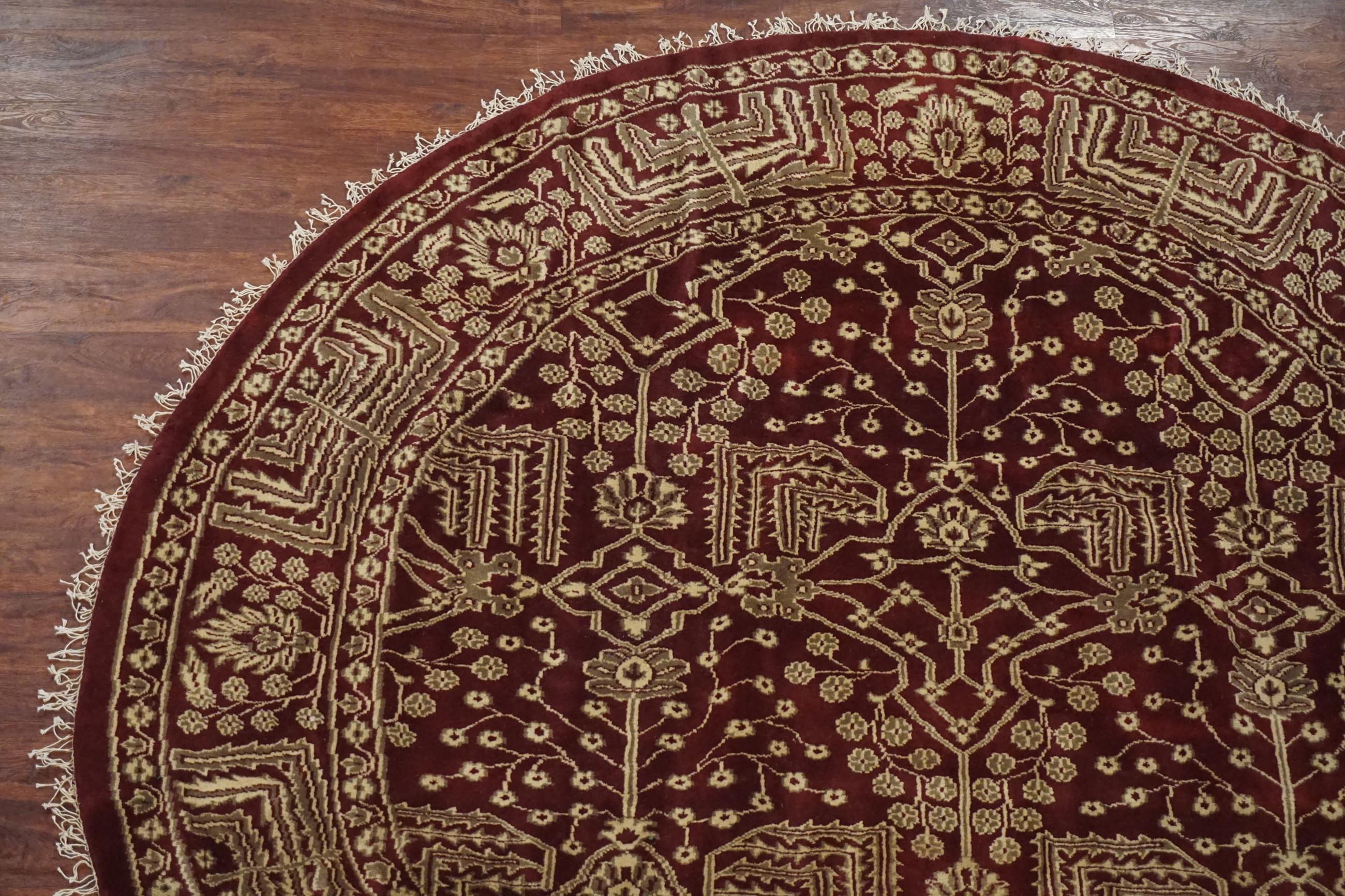 Hand-Knotted Round Burgundy Art & Craft Style Rug For Sale