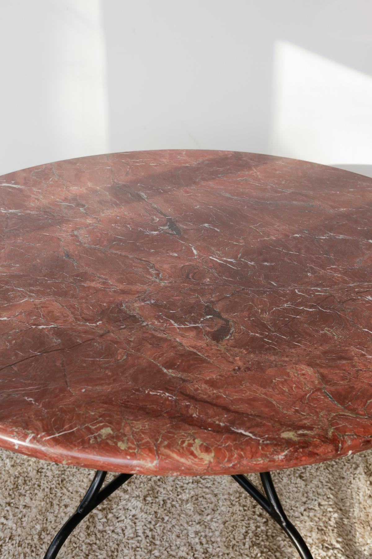 Round Burgundy Marble Table with Cast Iron Legs 3