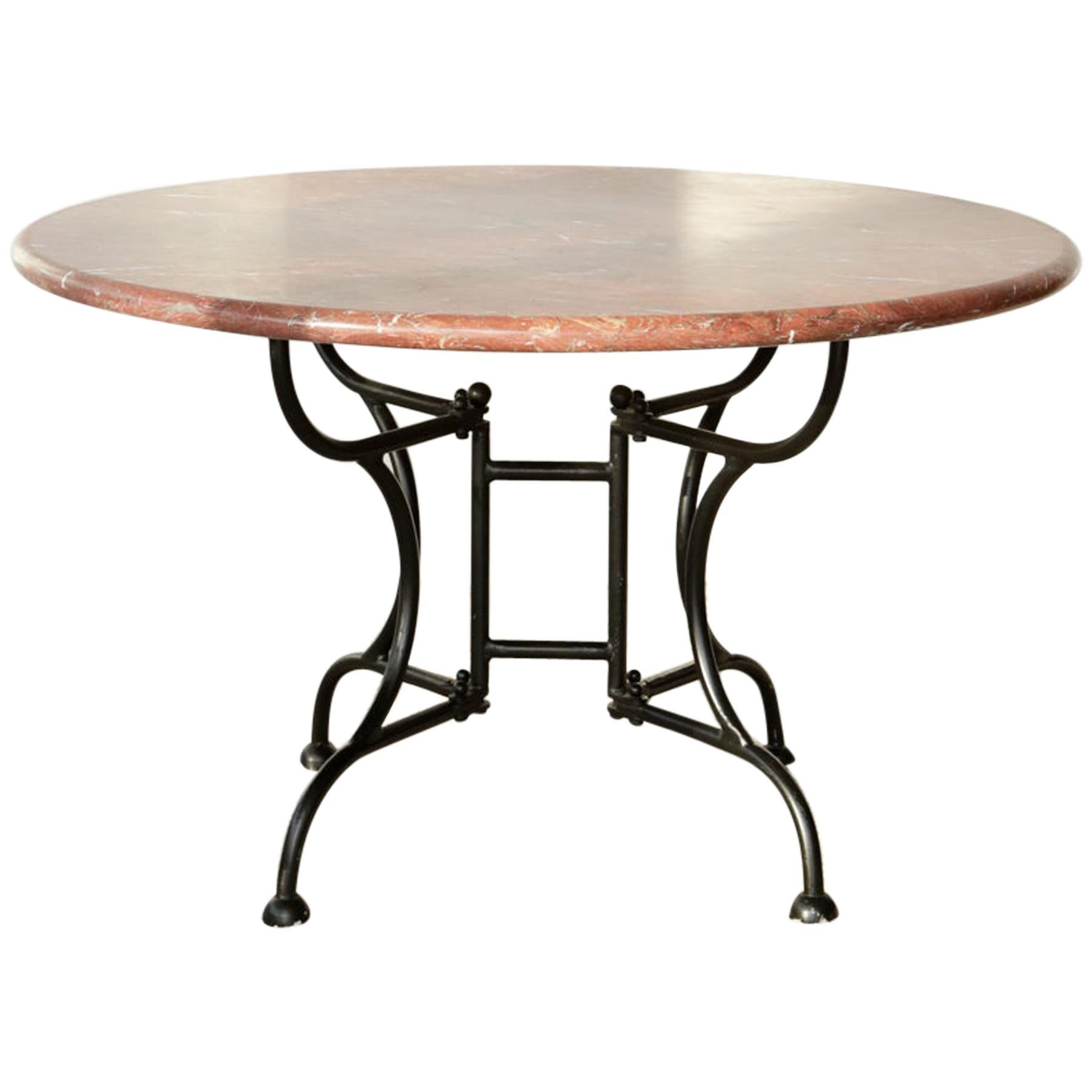 Round Burgundy Marble Table with Cast Iron Legs
