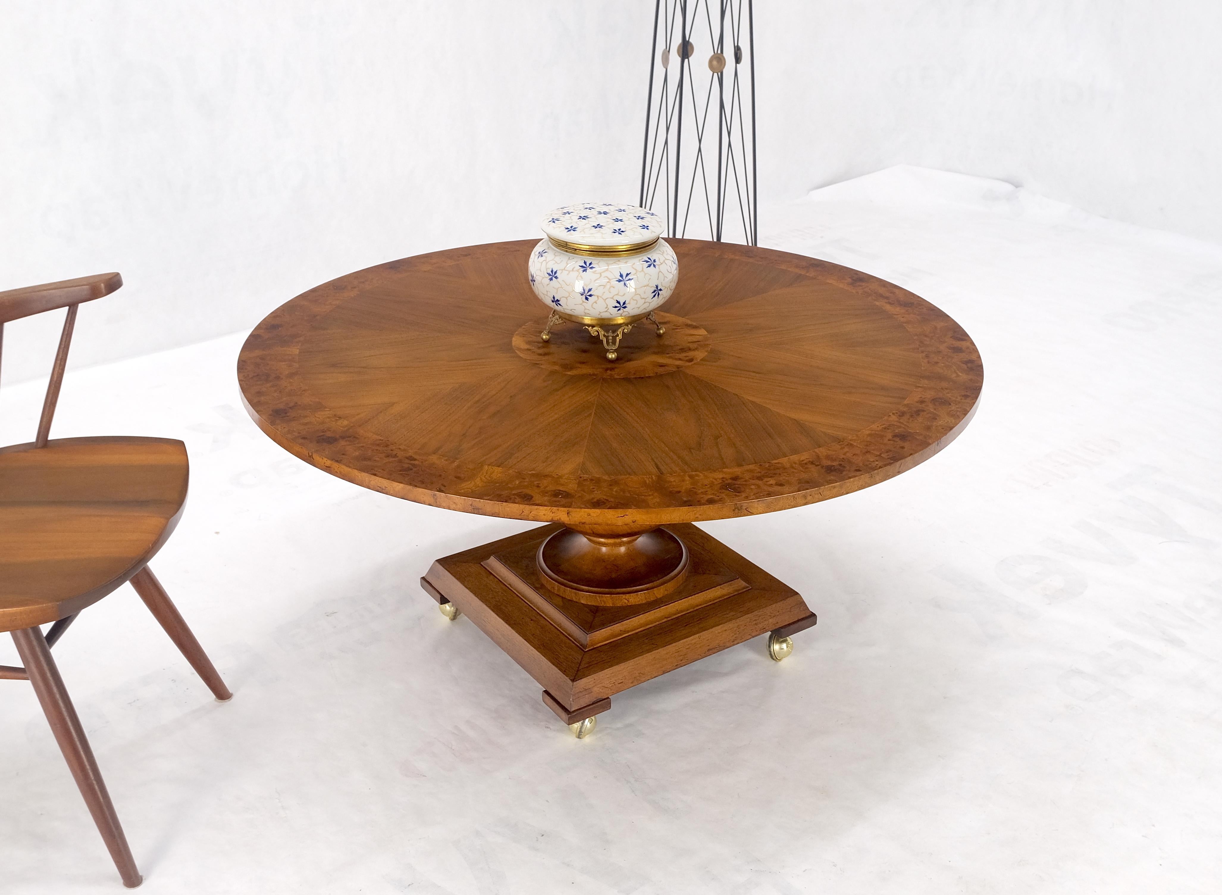 Round Burl Wood Adjustable Height Single Pedestal Base Dining-Coffee Table MINT! For Sale 1